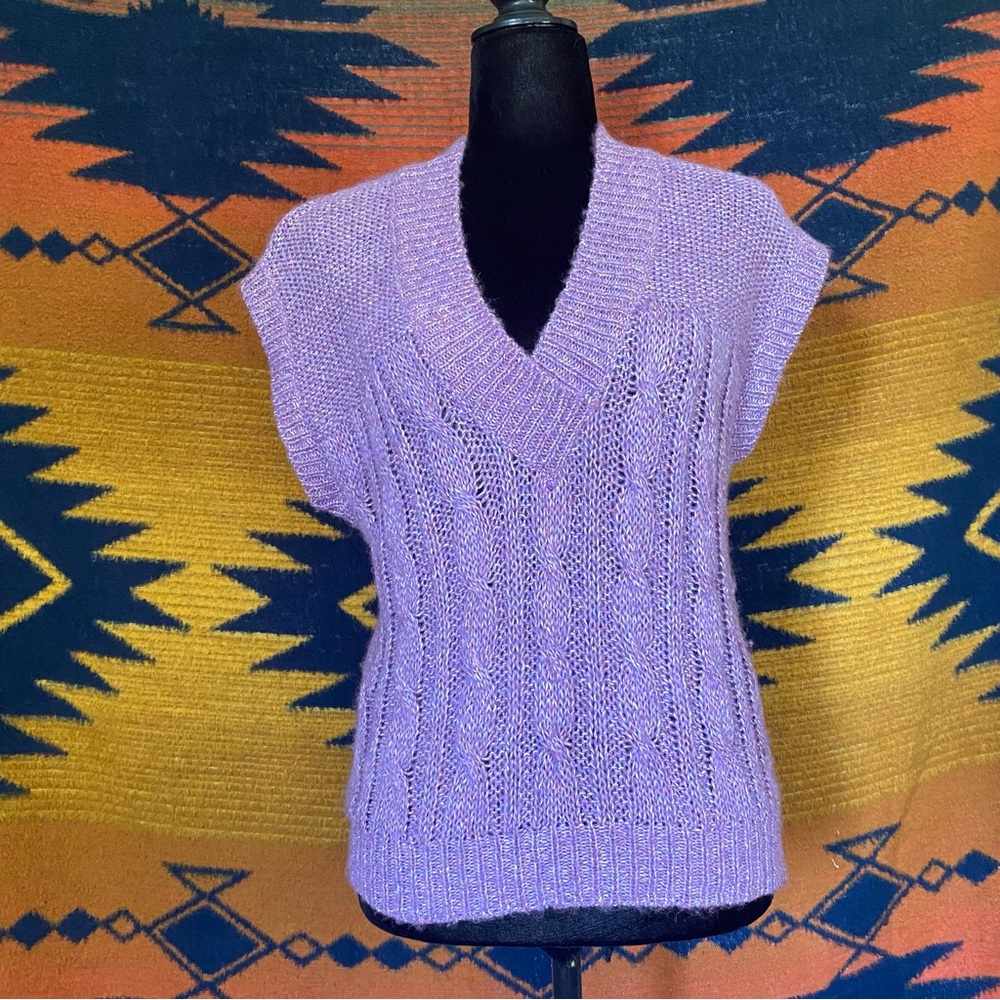 VTG Evian Lavender Sweater Vest top! Pullover. Medium. Open knit. Wool blend.